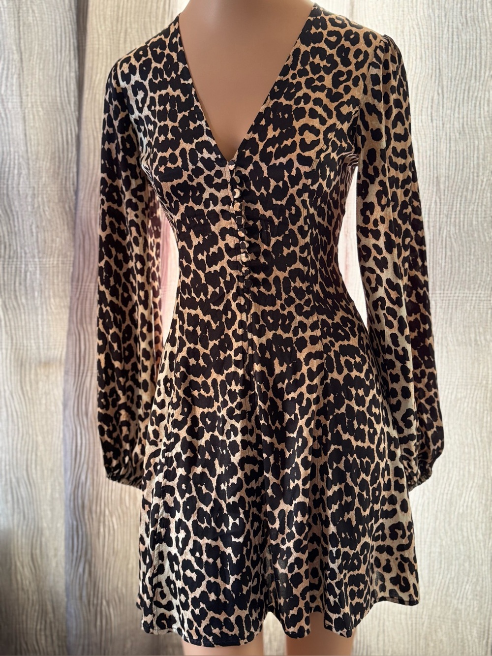 GANNI Leopard Print V-Neck Long Sleeve Fit & Flare Dress - Black & Tan